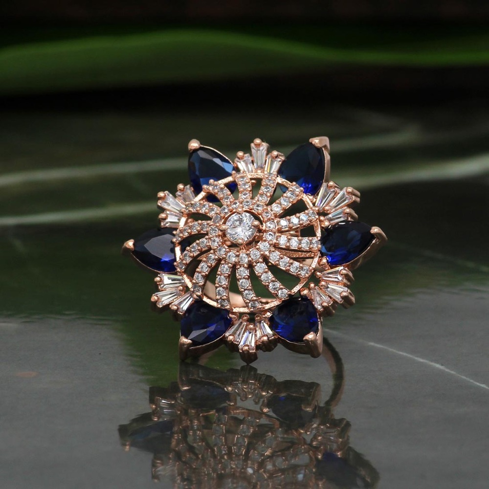 Blue Color Rose Gold American Diamond Finger Ring